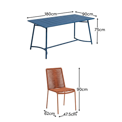 Wilder 6 Seater Blue Garden Dining Set with Ryder Burnt Orange Chairs - Laura James