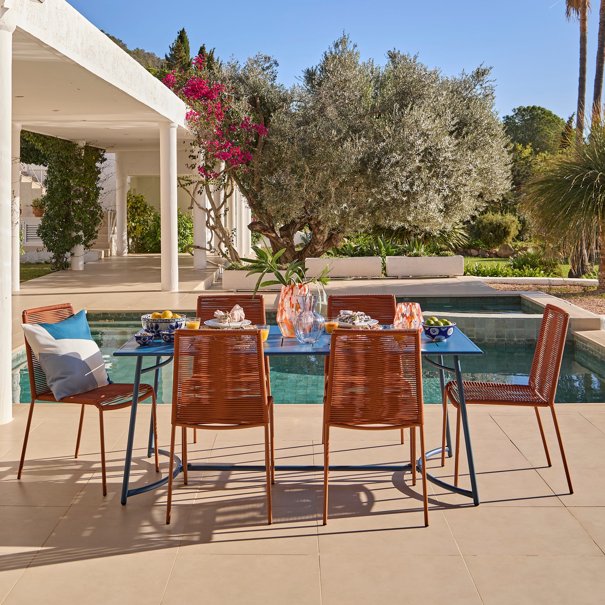 Wilder 6 Seater Blue Garden Dining Set with Ryder Burnt Orange Chairs - Laura James