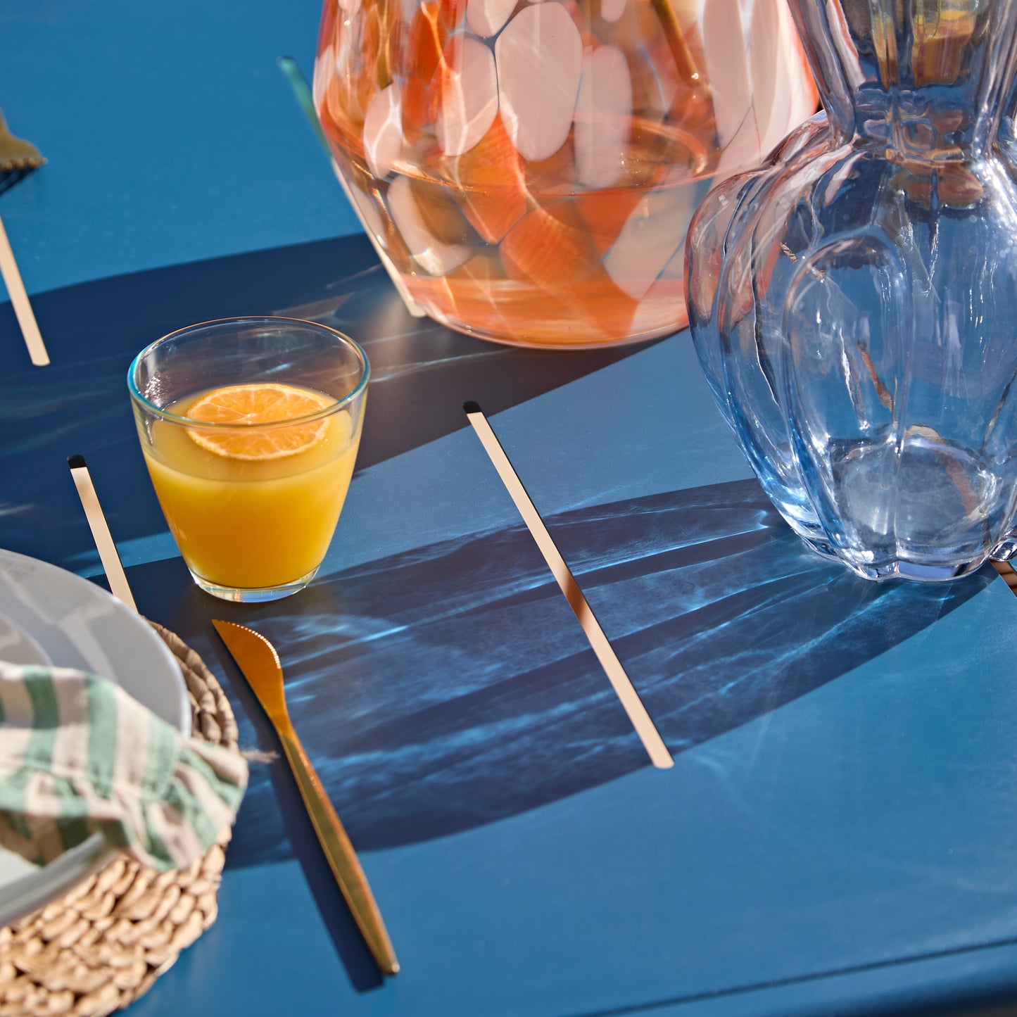 Wilder 6 Seater Blue Garden Dining Set with Ryder Burnt Orange Chairs - Laura James