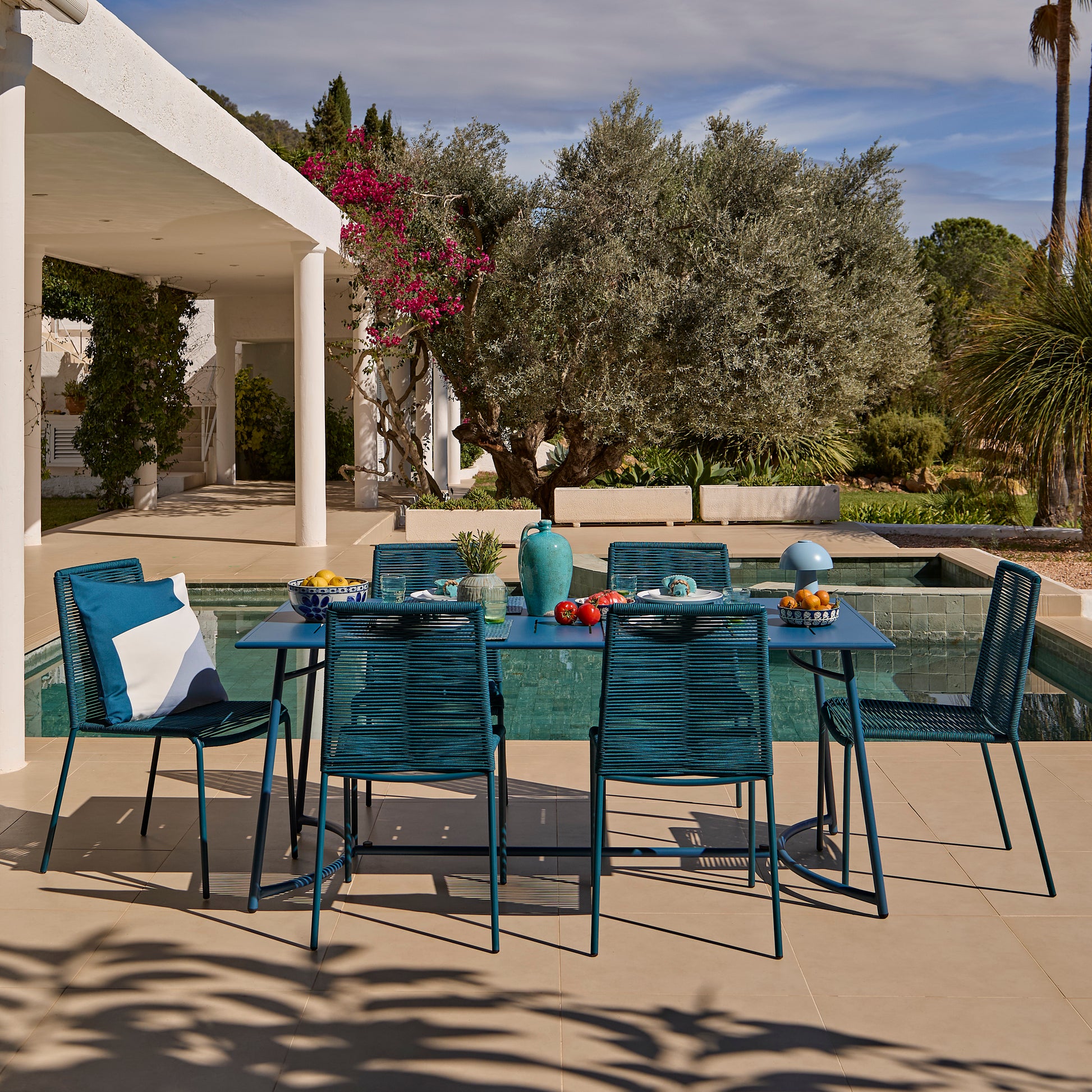 Wilder 6 Seater Blue Garden Dining Set with Ryder Teal Chairs - Laura James