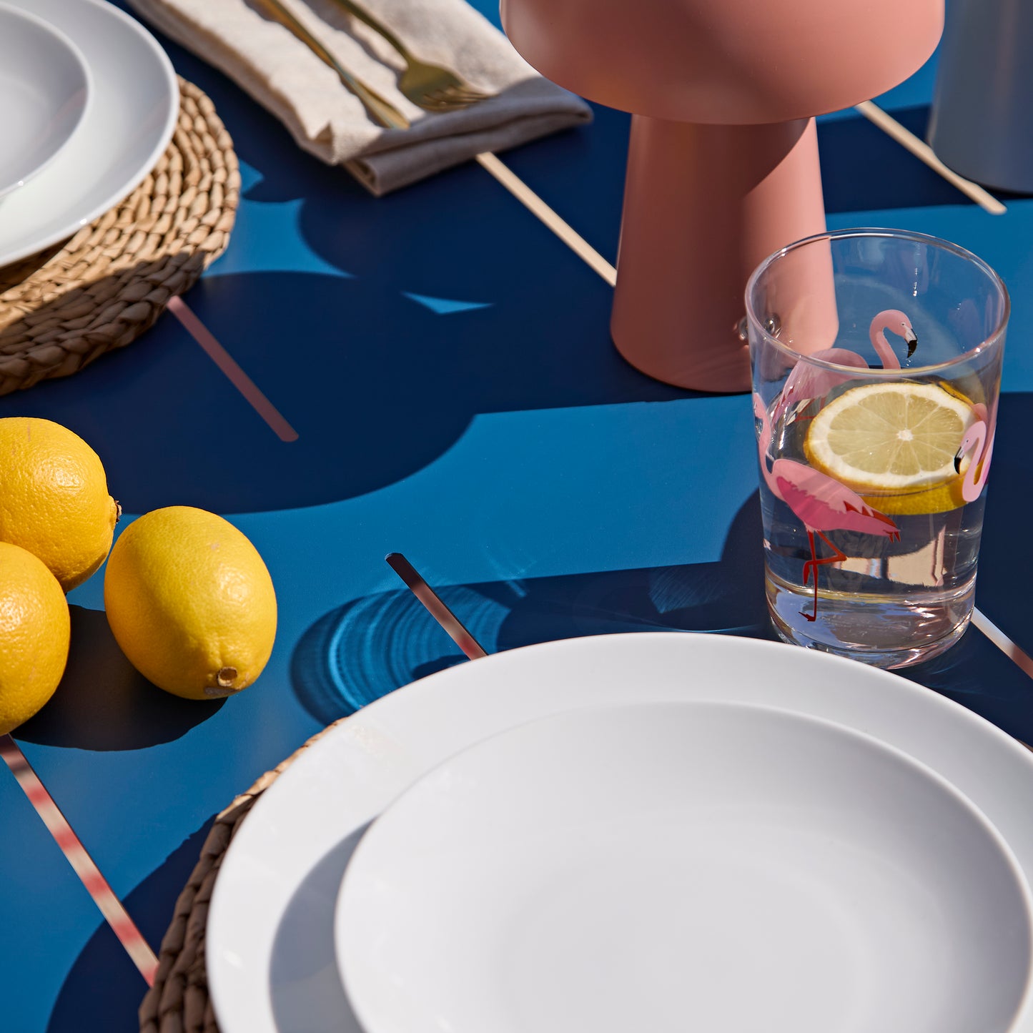 Wilder 6 Seater Blue Dining Table Set with Wren Pink Chairs - Laura James