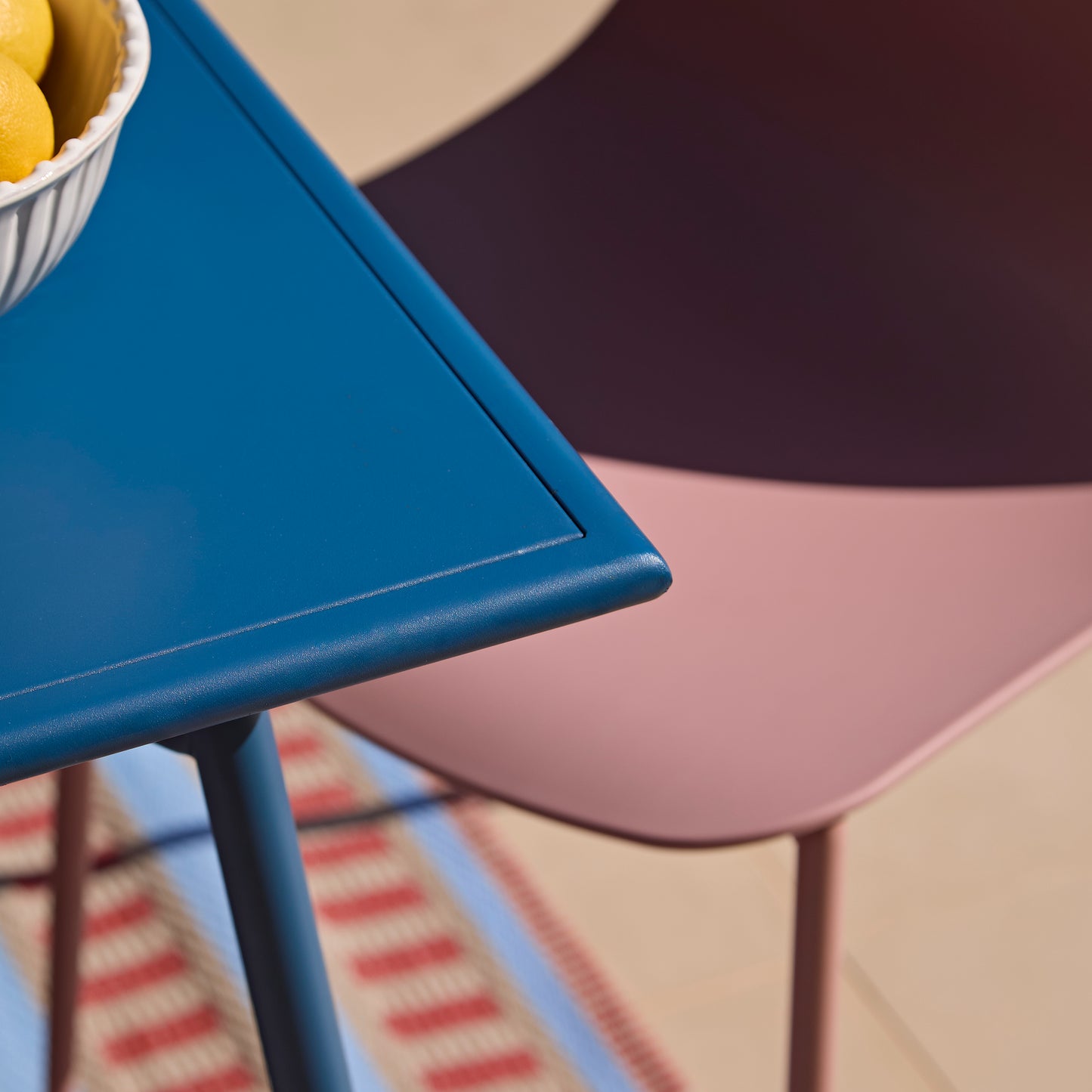 Wilder 6 Seater Blue Dining Table Set with Wren Pink Chairs - Laura James