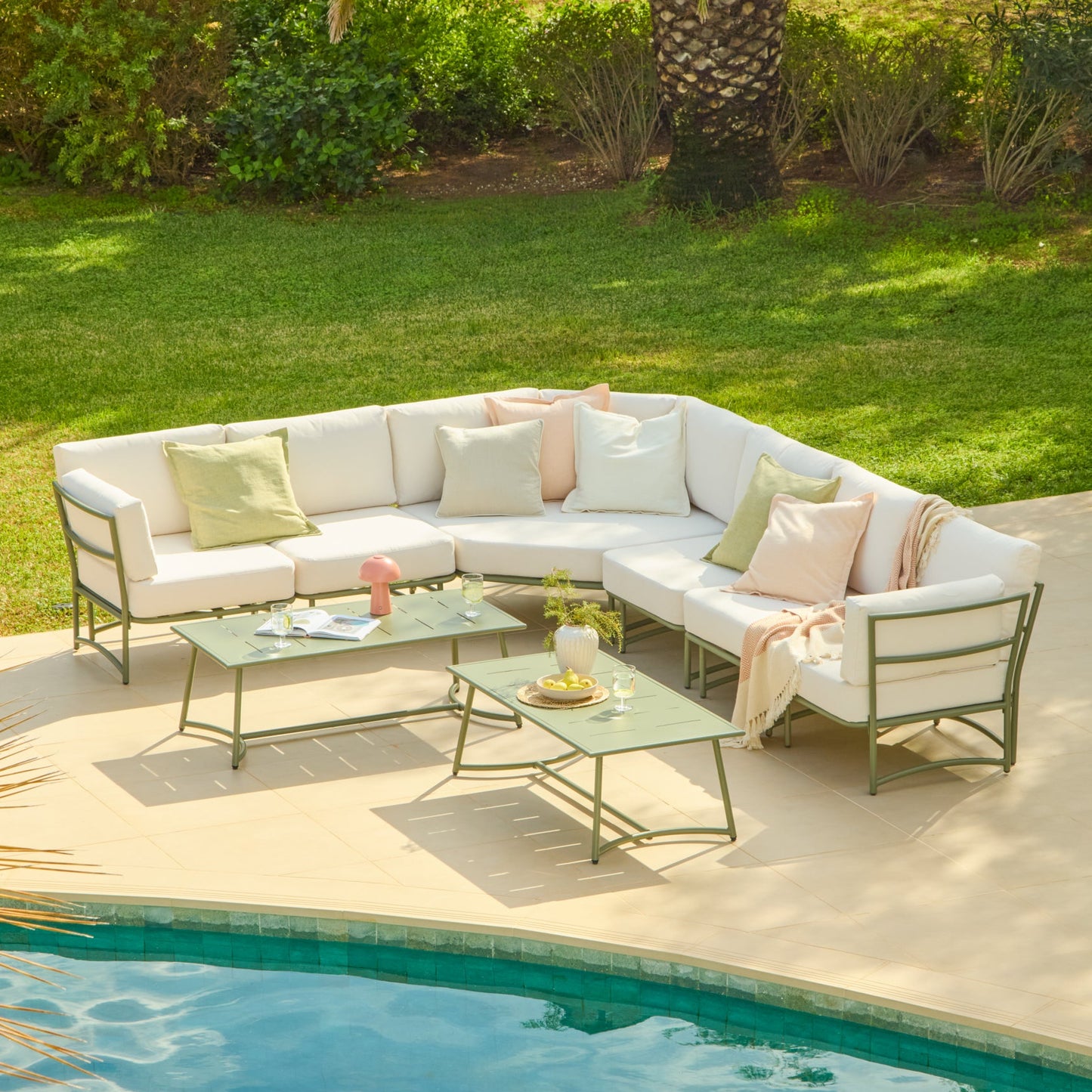 Wilder 8 Seater Metal Corner Sofa Set with Coffee Table - Olive Green - Laura James