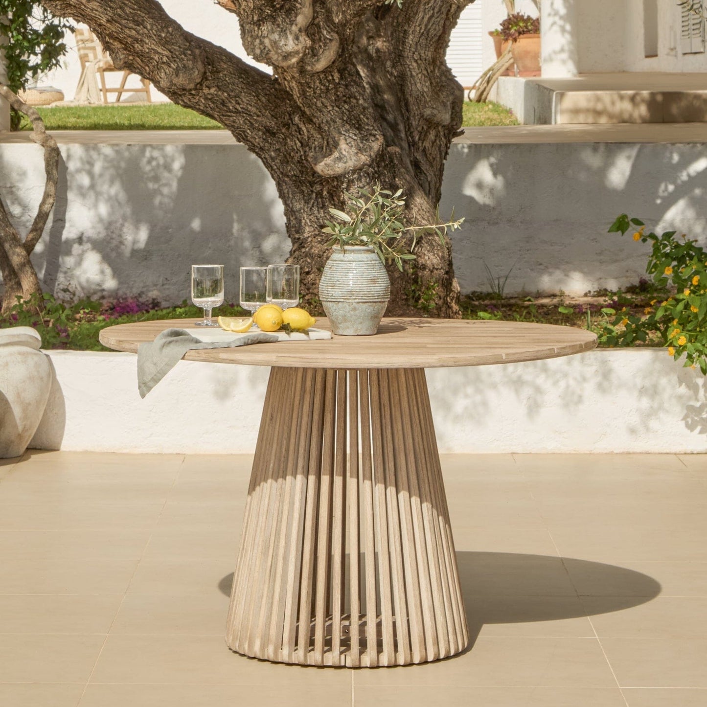 Willow Round Wooden Garden Table - Brushed Light Acacia - Laura James 