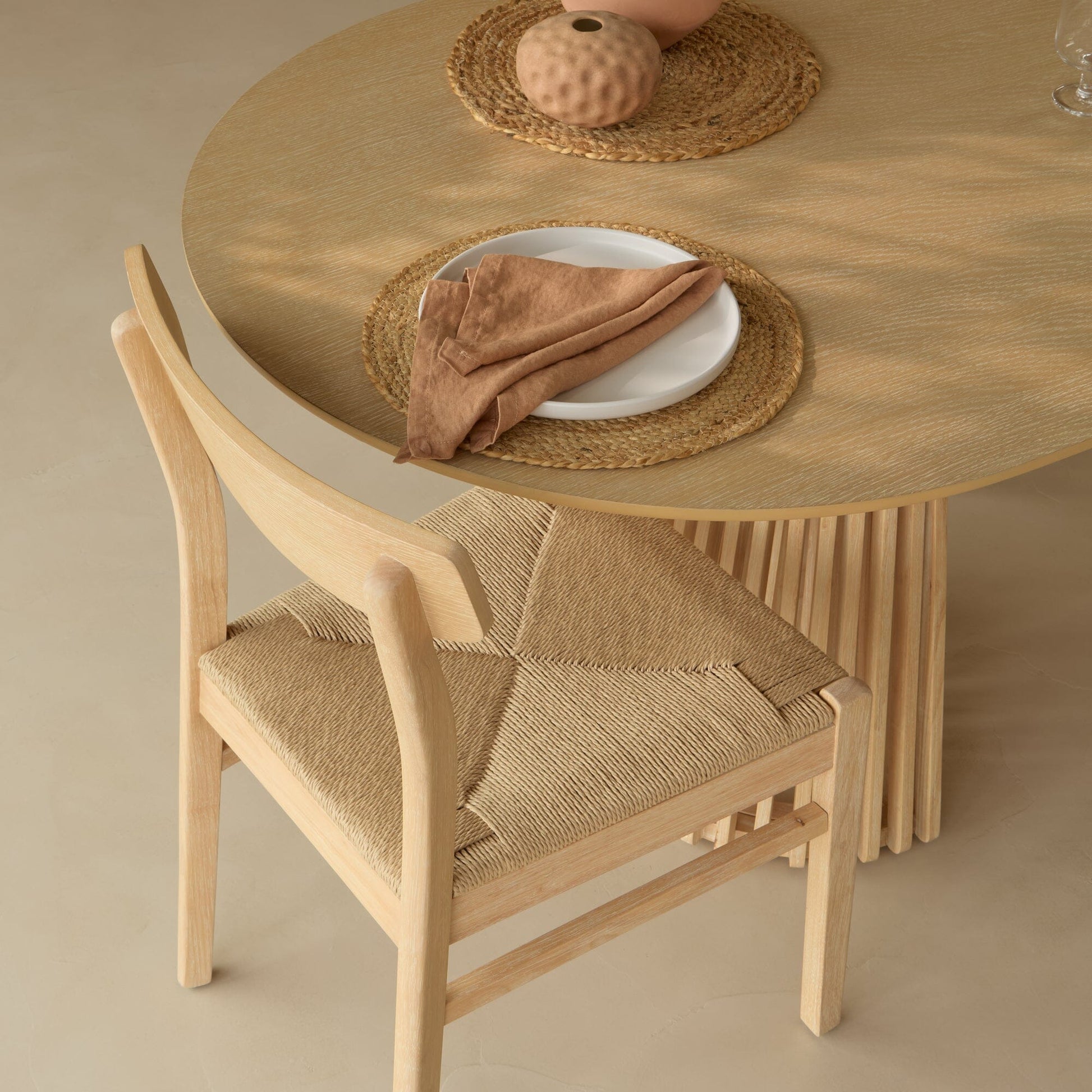 Willow Whitewash Oak Oval Dining Table Set - 6 Seater - Tilly Natural String Dining Chairs - Whitewash Oak Legs - Laura James