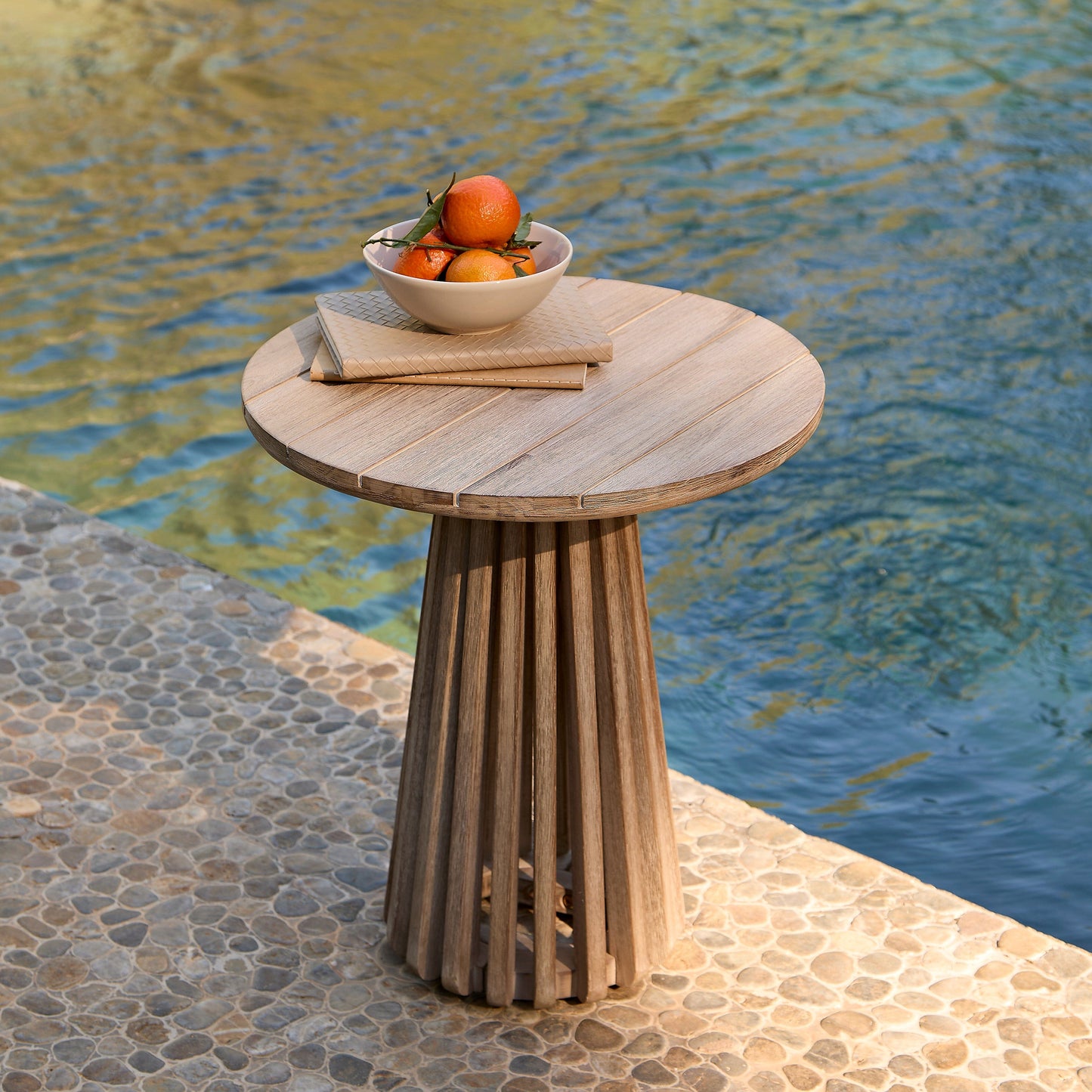 Willow Round Wooden Garden Side Table - Brushed Light Acacia - Laura James 