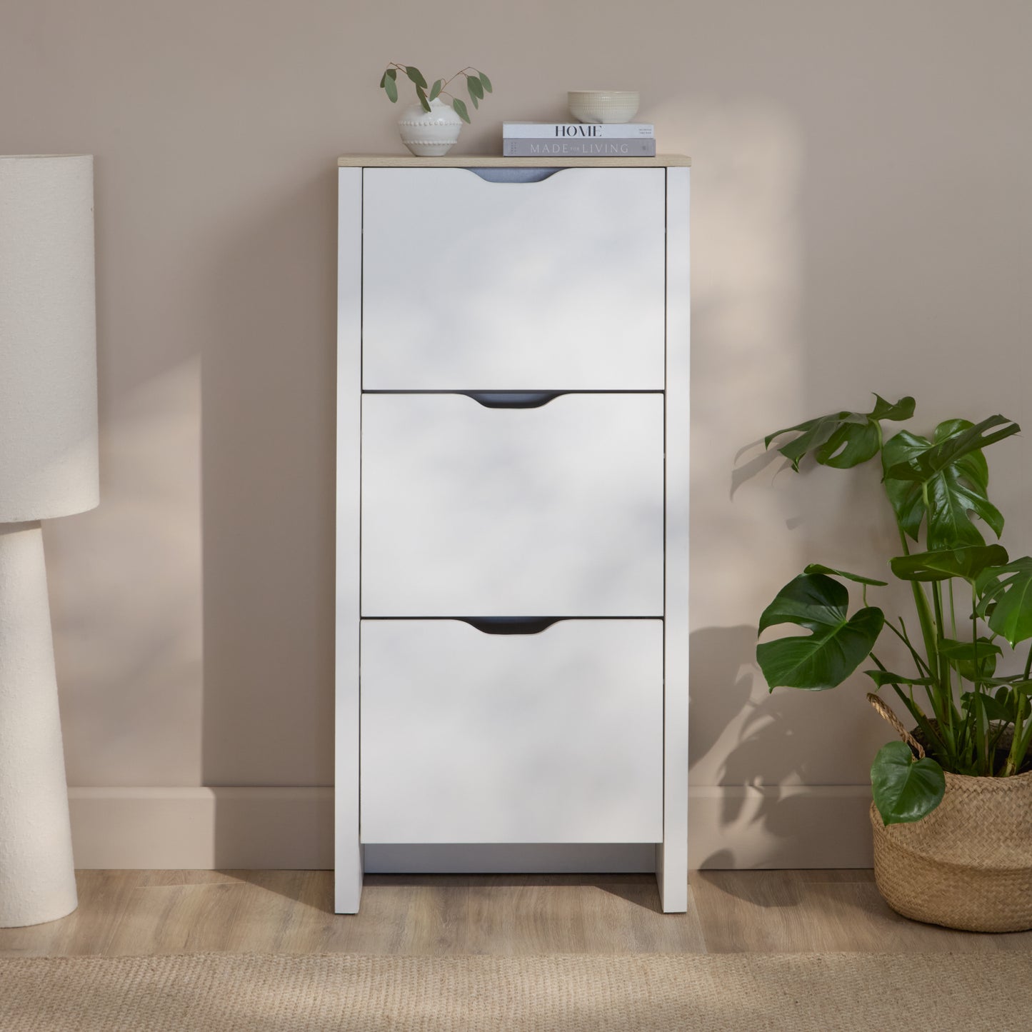 Windsor 60cm Three Door Shoe Cabinet - Chalk White with Coastal Oak Top - Laura James