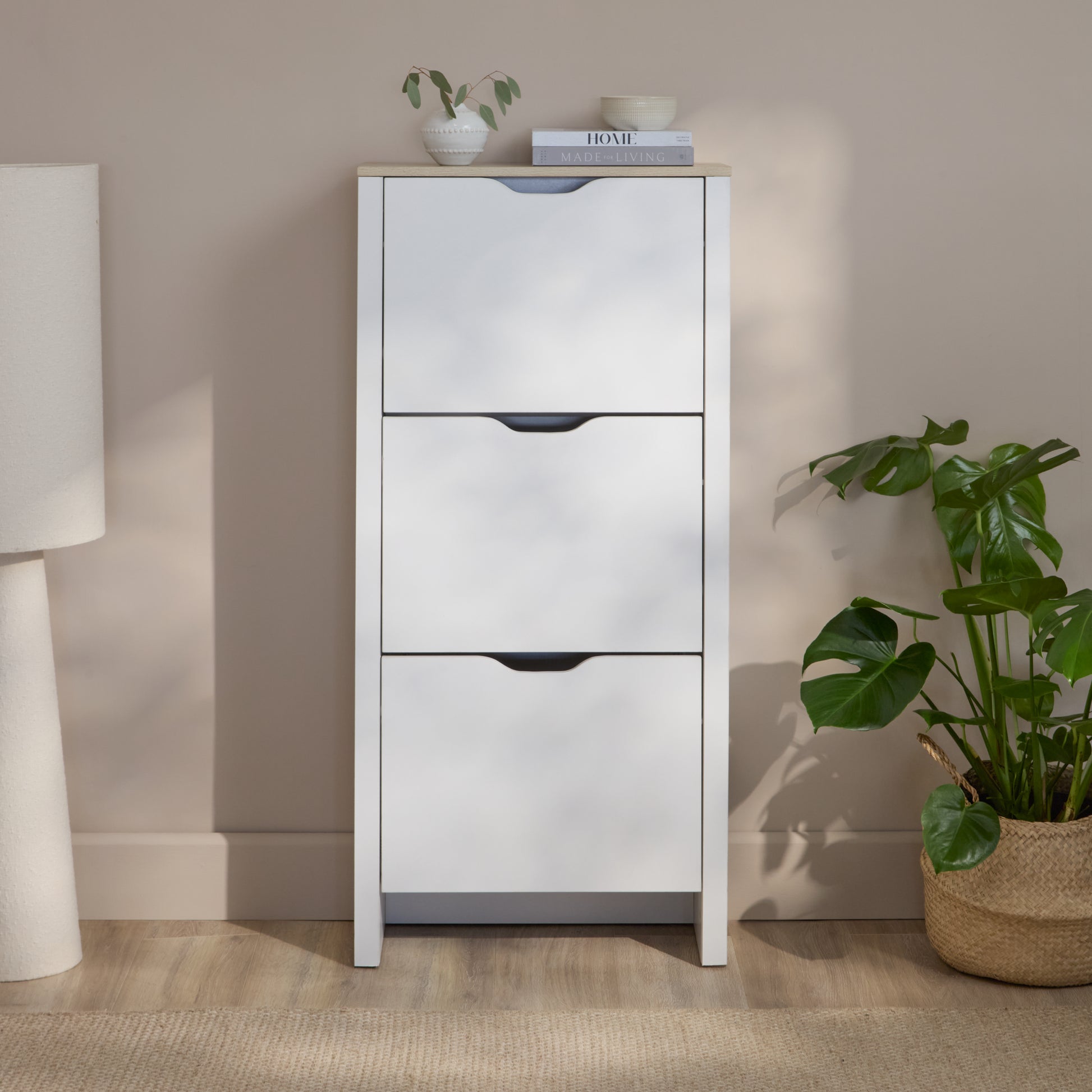 Windsor 60cm Three Door Shoe Cabinet - Chalk White with Coastal Oak Top - Laura James