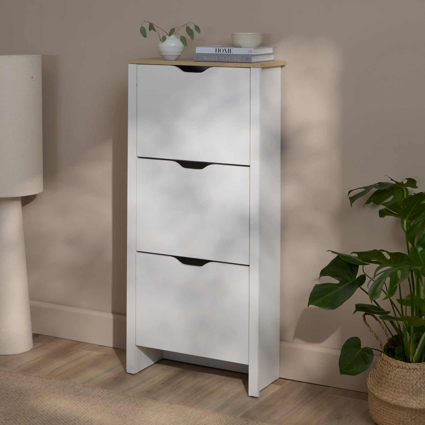 Windsor 60cm Three Door Shoe Cabinet - Chalk White with Coastal Oak Top - Laura James