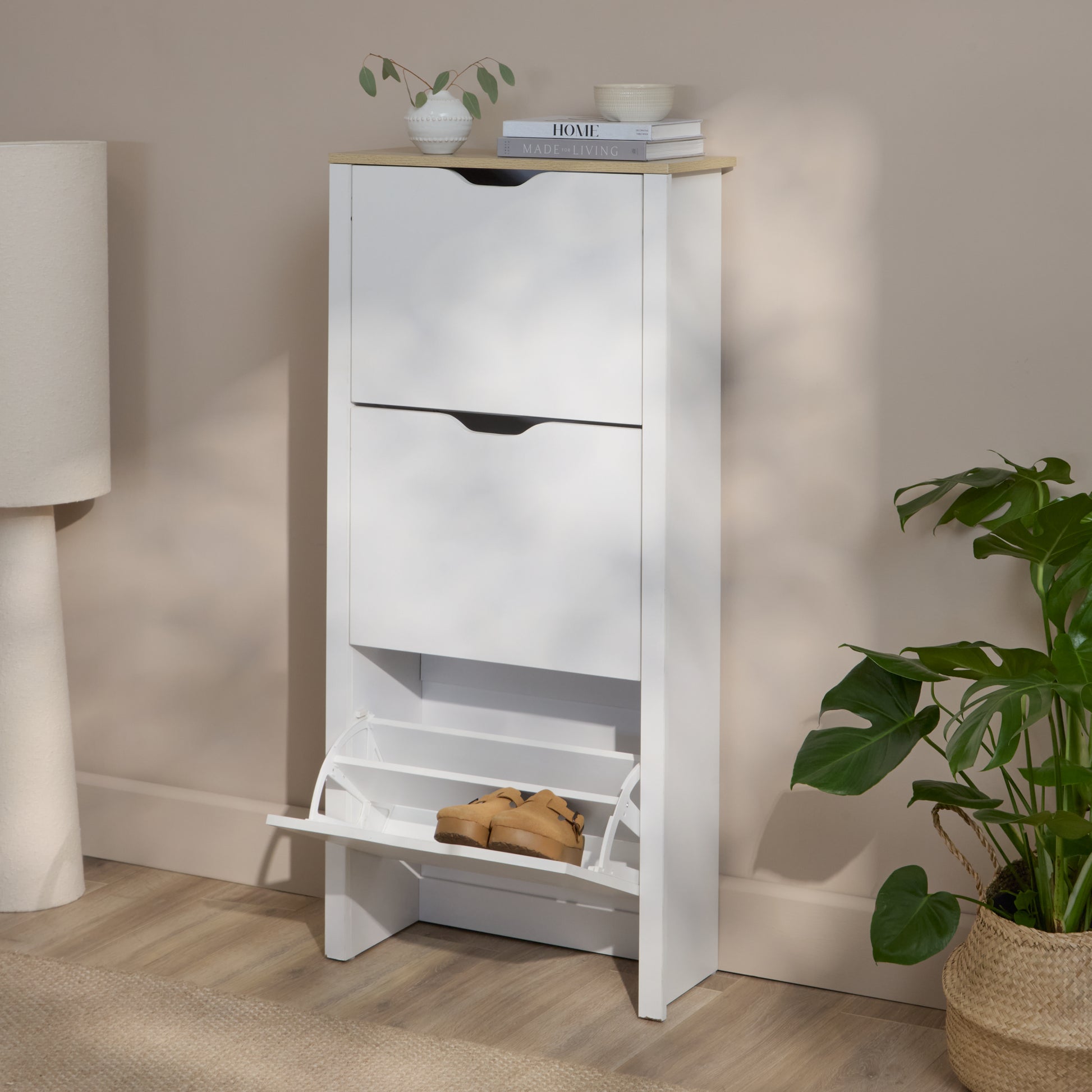 Windsor 60cm Three Door Shoe Cabinet - Chalk White with Coastal Oak Top - Laura James