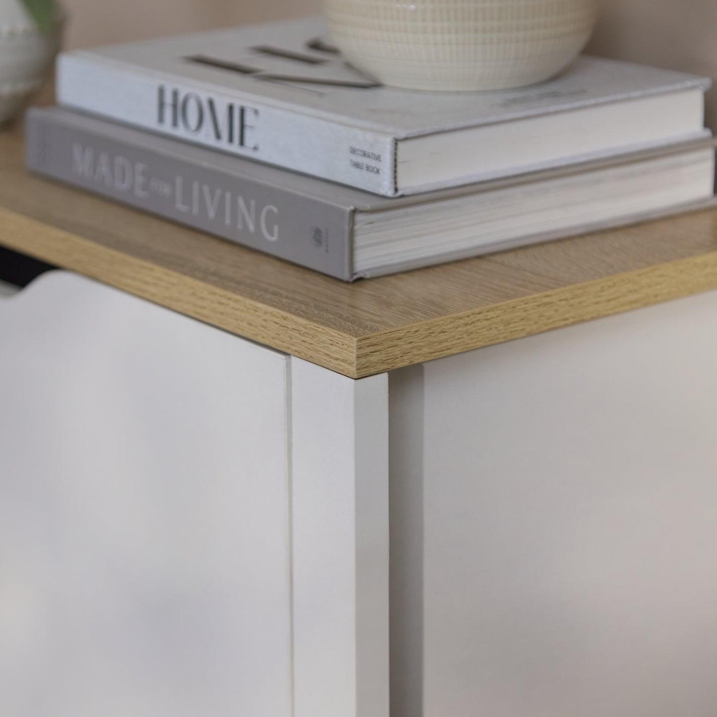 Windsor 60cm Three Door Shoe Cabinet - Chalk White with Coastal Oak Top - Laura James