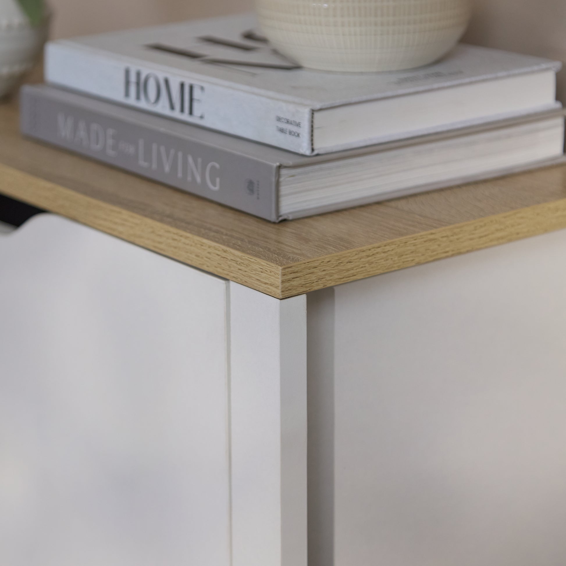 Windsor 60cm Three Door Shoe Cabinet - Chalk White with Coastal Oak Top - Laura James