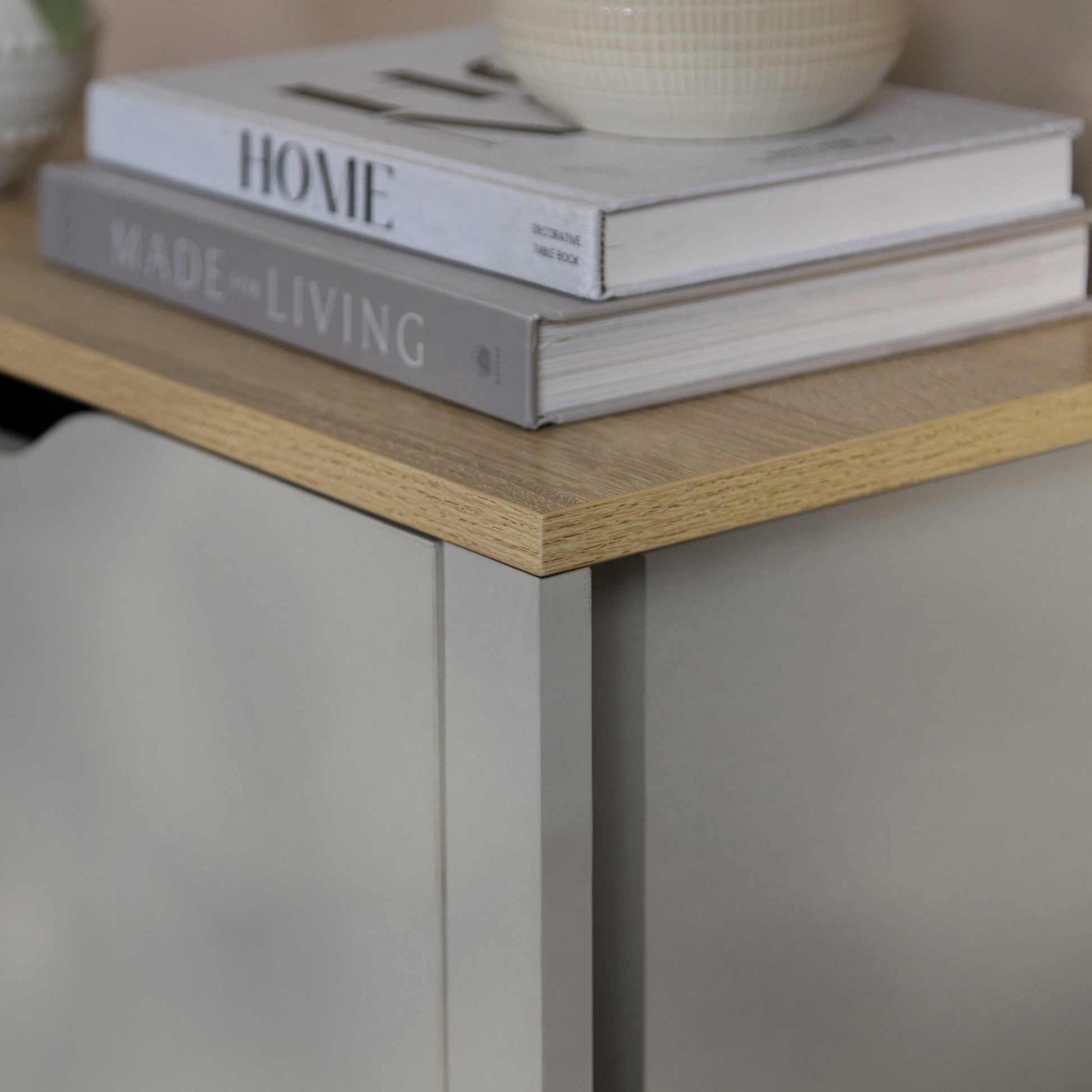 Windsor 60cm Three Door Shoe Cabinet - Pale Grey with Coastal Oak Top - Laura James