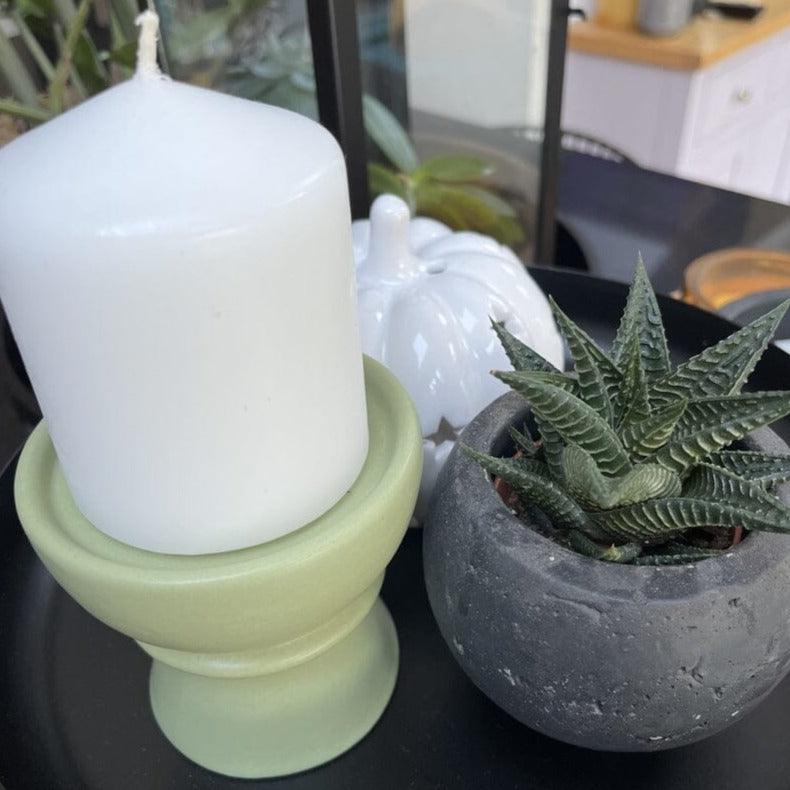 Ackton 9cm Ceramic Pillar Candle Holder Set of 2 - Sage Green - Laura James
