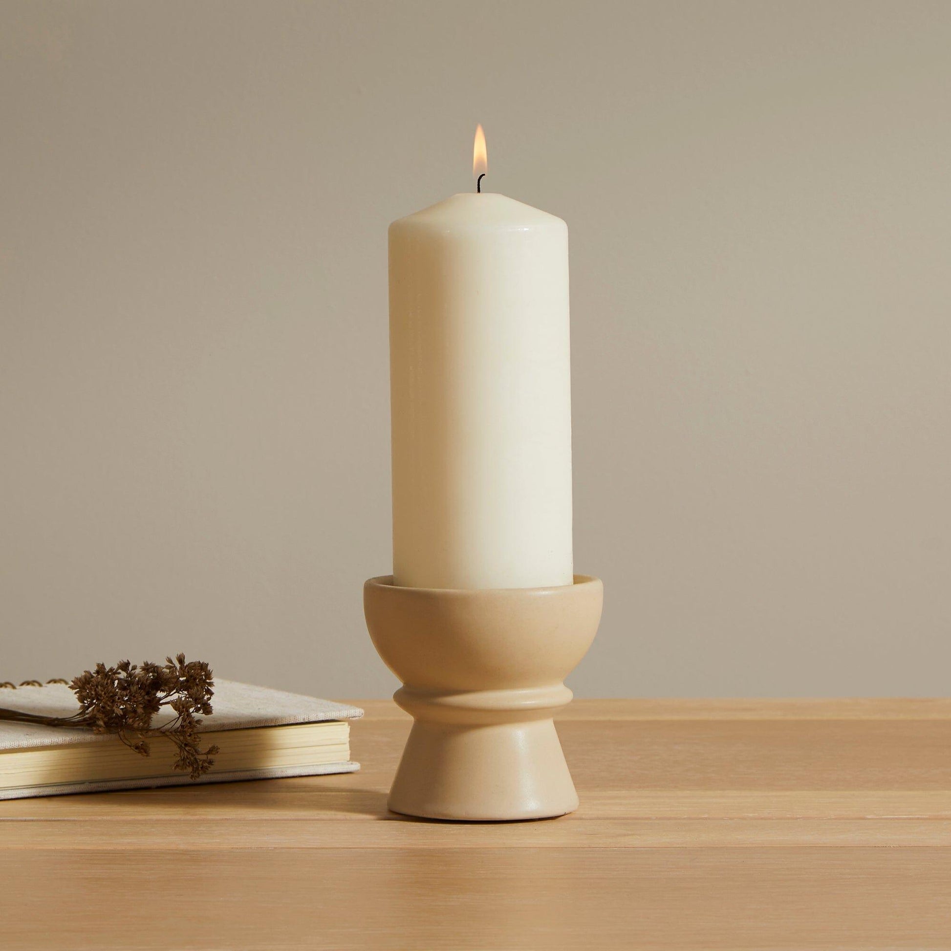 Ackton 9cm Ceramic Pillar Candle Holder - Set of 2 - Taupe - Laura James
