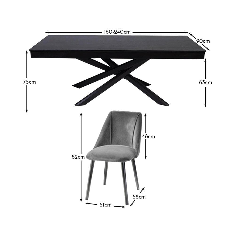 Amelia Black Extendable Dining Table Set - 6 Seater - Freya Grey Dining Chairs - Black Legs