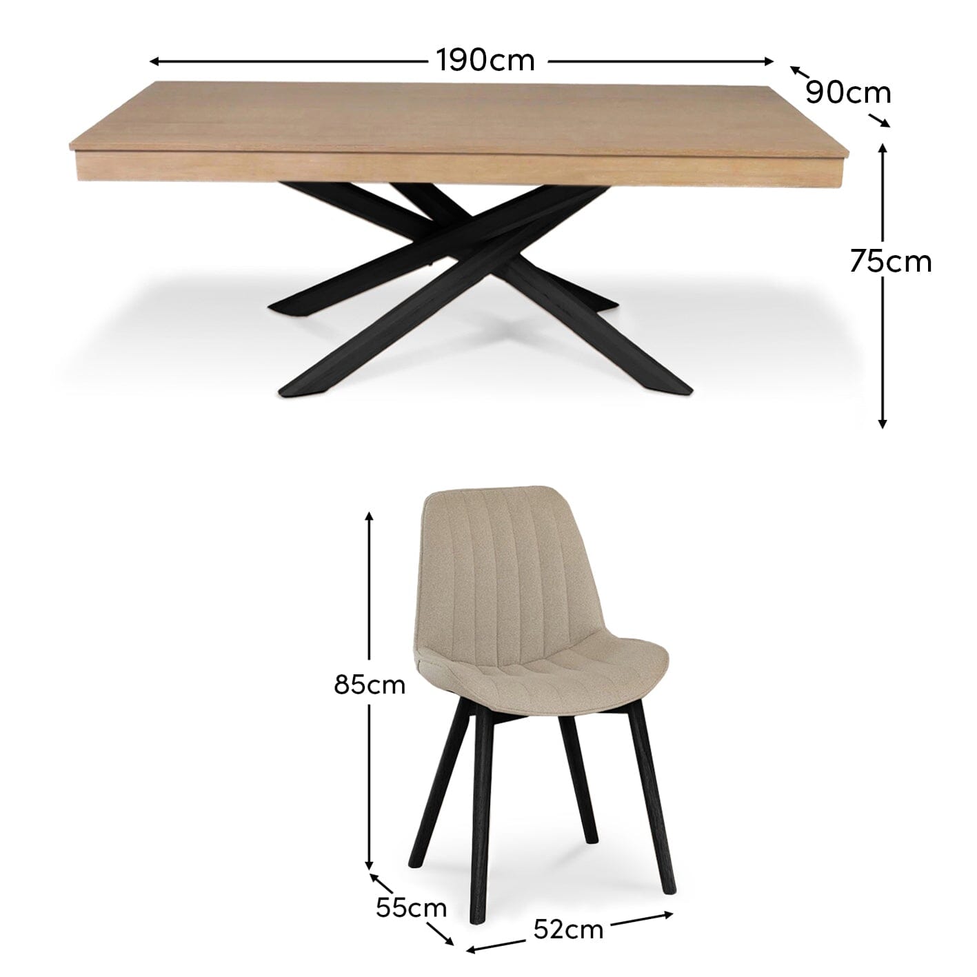 Amelia Whitewash Dining Table Set - 6 Seater - Bella Light Beige Boucle Dining Chairs - Black Legs - Laura James