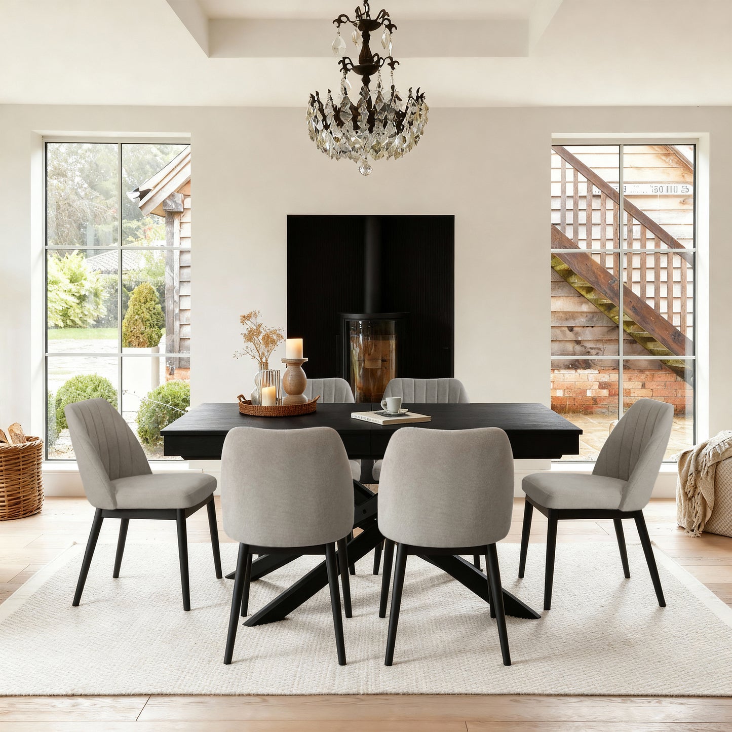 Amelia Black Extending Dining Table Set - 6 Seater - Chloe Soft Beige Dining Chairs - Black Oak Legs - Laura James 