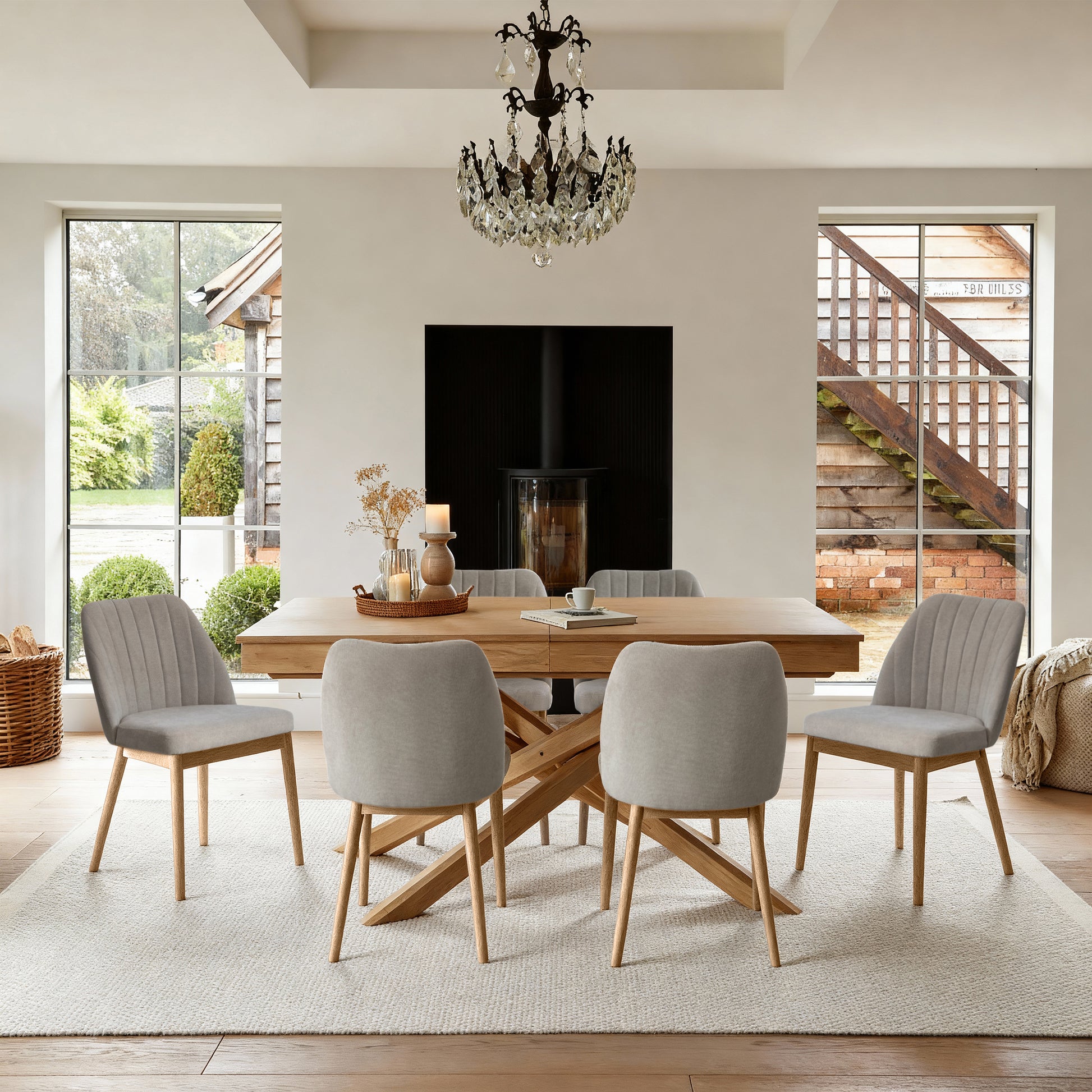 Amelia Whitewash Extending Dining Table Set - 6 Seater - Chloe Soft Beige Dining Chairs - Whitewash Oak Legs - Laura James 