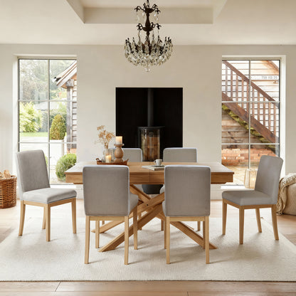 Amelia Whitewash Extending Dining Table Set - 6 Seater - Nolan Fawn Linen Dining Chairs - Whitewash Oak Legs - Laura James 