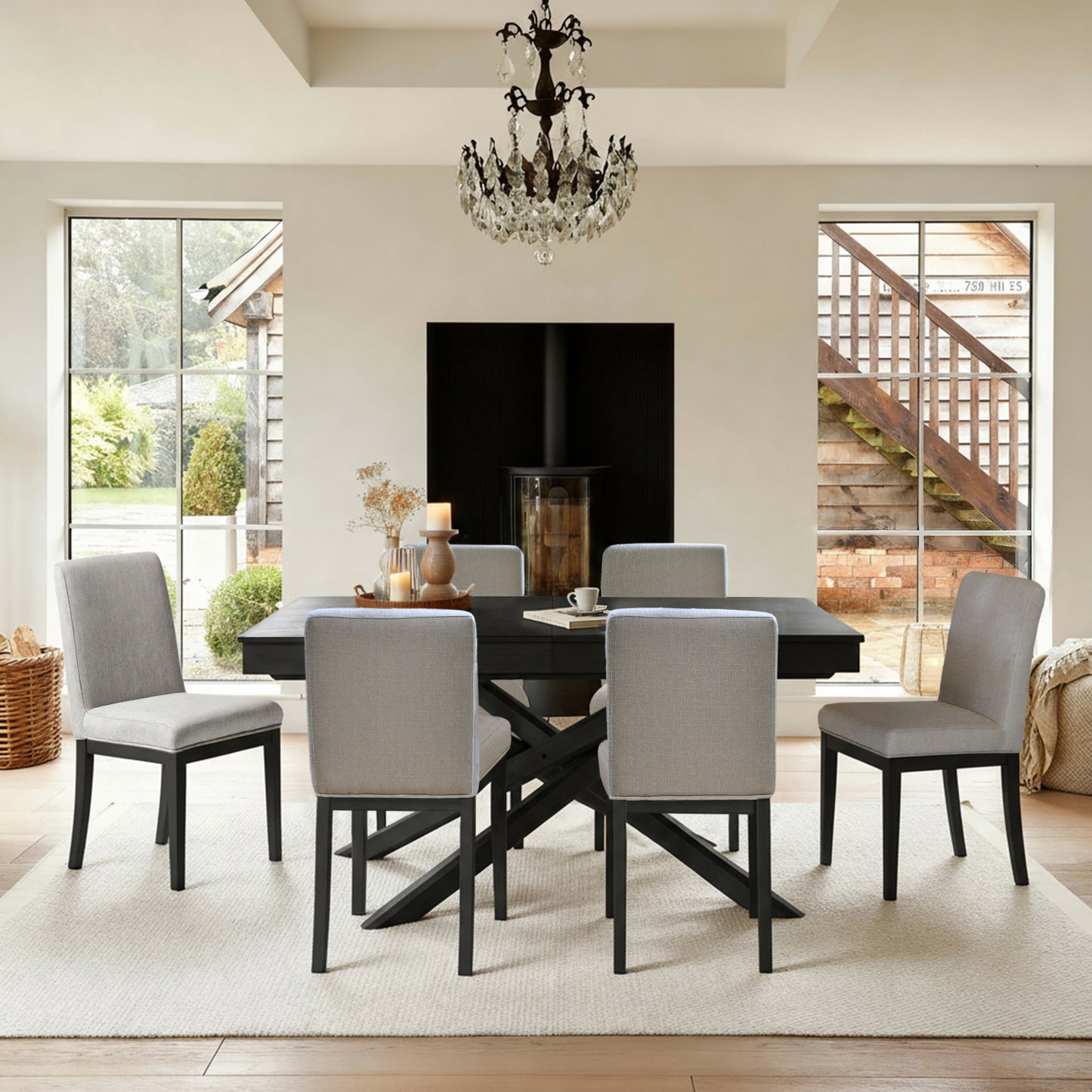 Amelia Black Extending Dining Table Set - 6 Seater - Nolan Fawn Linen Dining Chairs - Black Legs - Laura James 