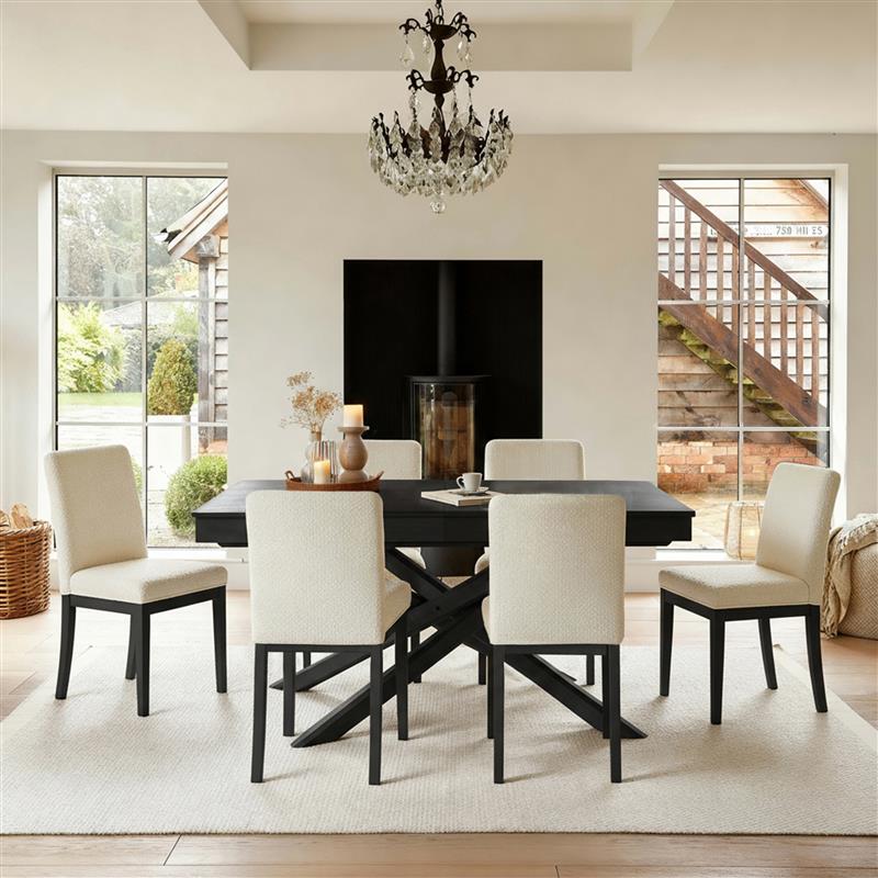 Amelia Black Extending Dining Table Set - 6 Seater - Nolan Boucle Dining Chairs - Black Oak Legs - Laura James 