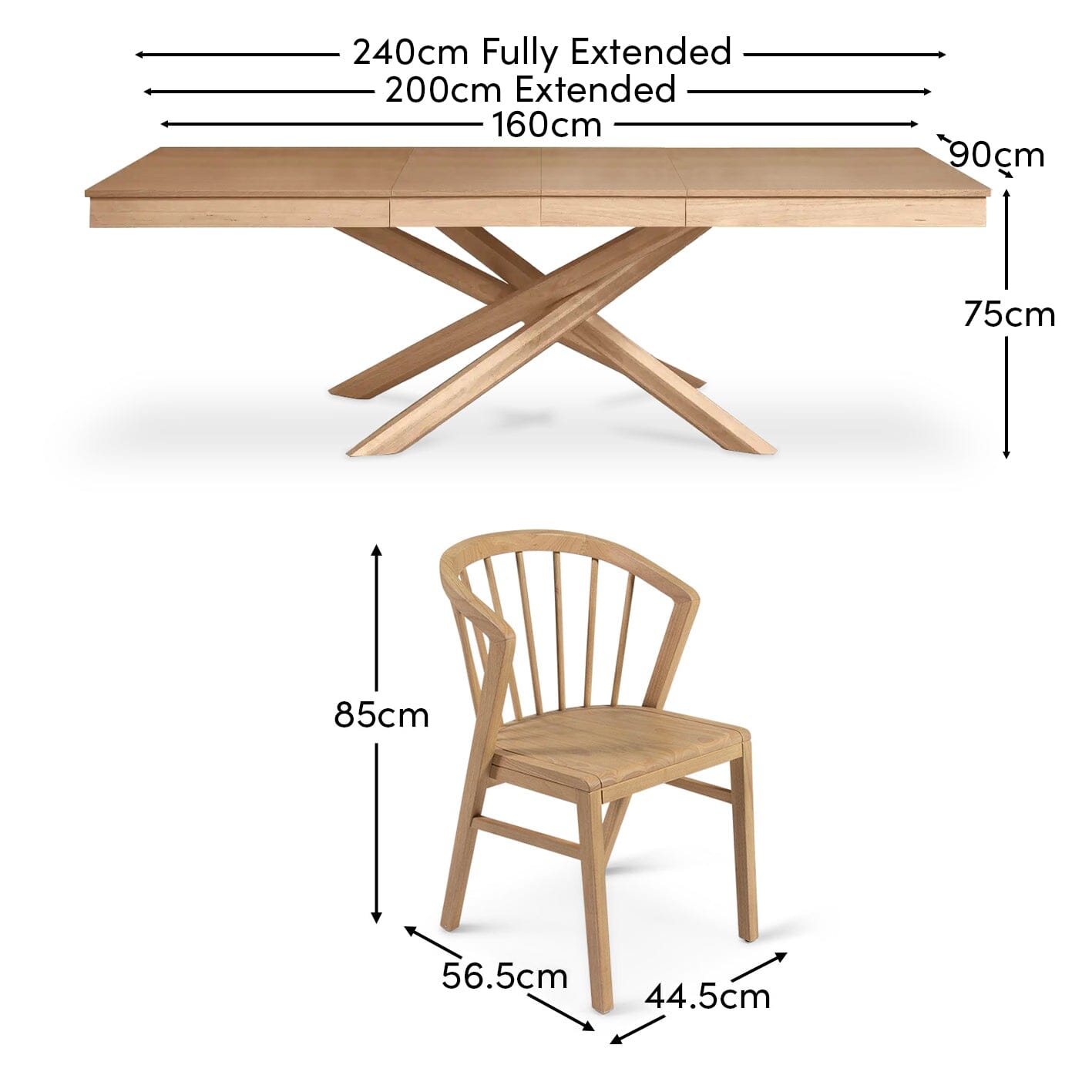 Amelia Pale Oak Extendable Dining Table Set with Black Legs - 6 Seater - Pale Oak Spindle Back Chairs - Laura James 