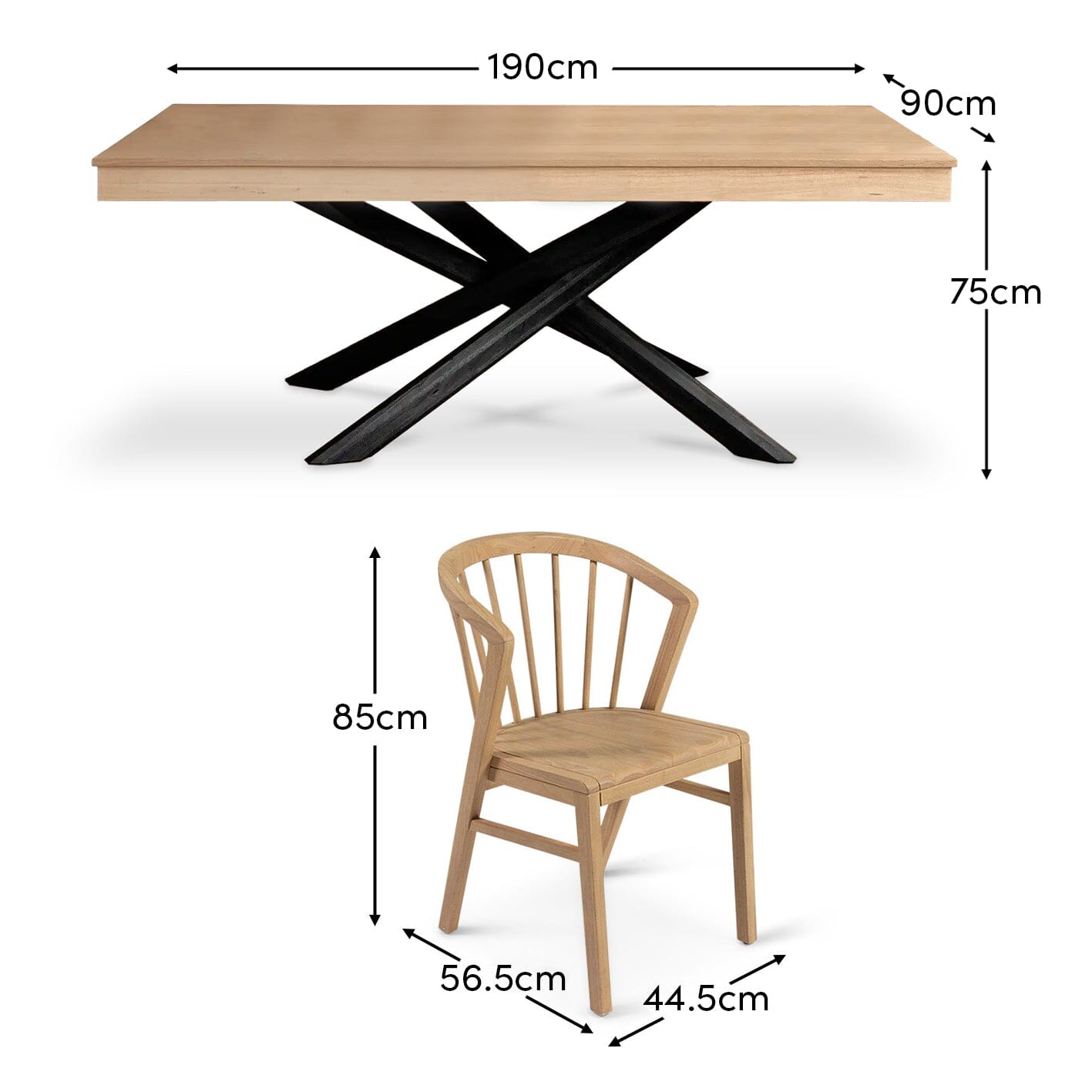 Amelia Pale Oak Dining Table Set with Black Legs - 6 Seater - Mabel Pale Oak Spindle Back Chairs - Laura James