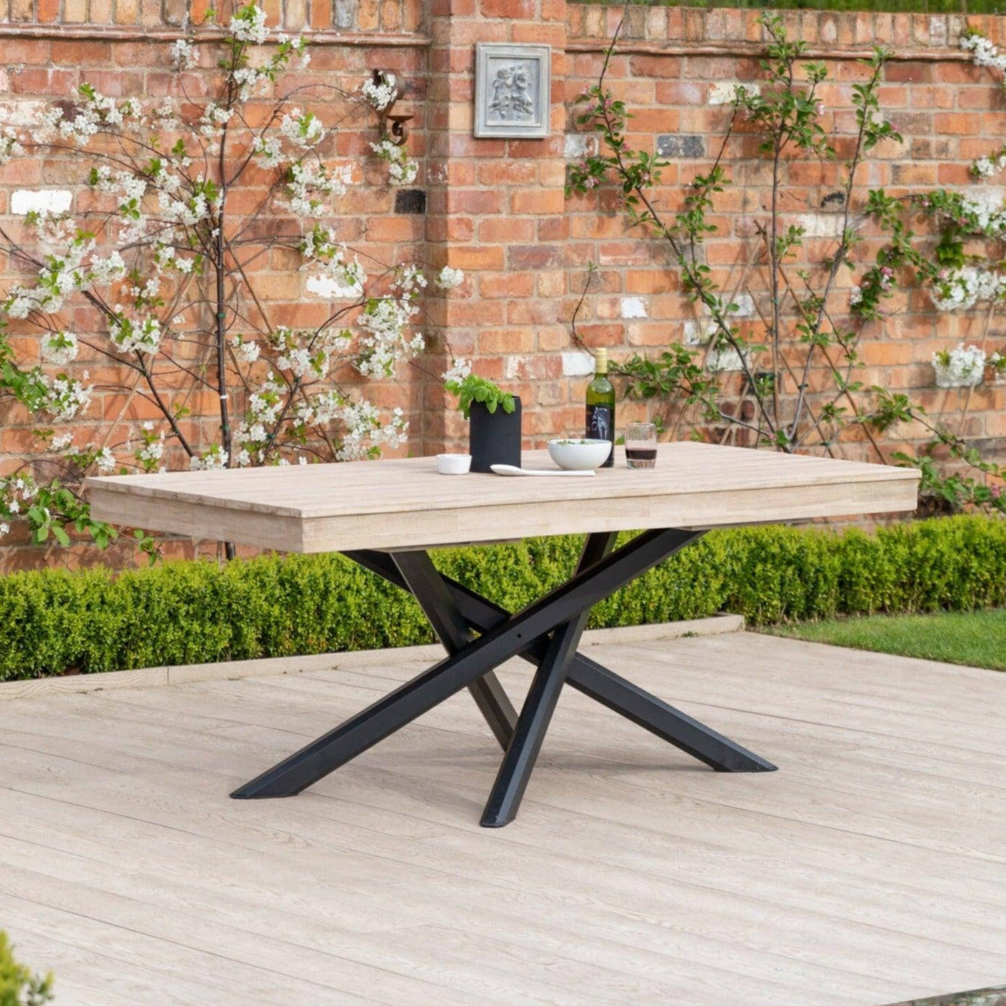 Amelia Whitewash wood Garden dining table black metal legs