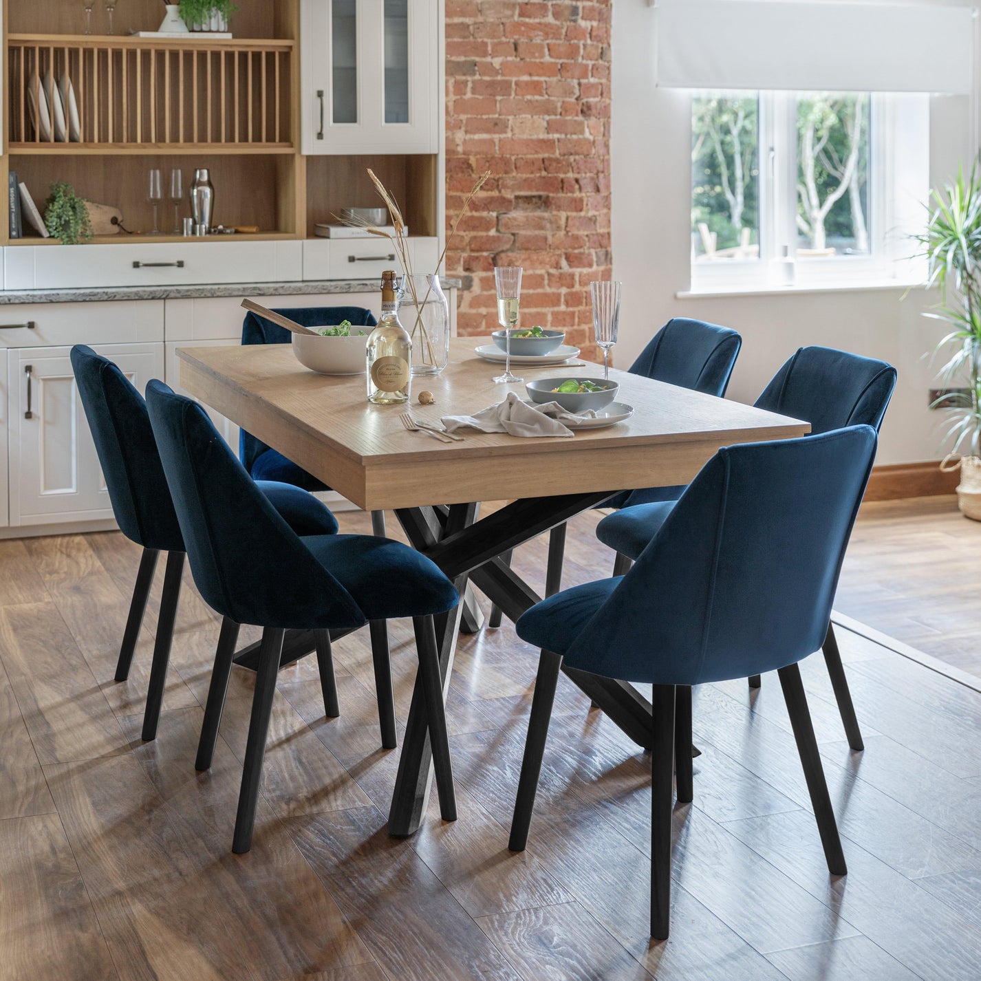 Amelia Whitewash 6 Seater Dining Table Set - Blue Chairs - Laura James