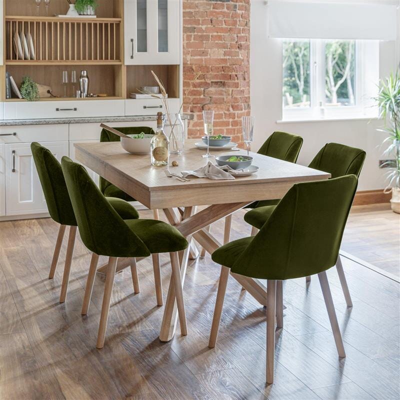 Amelia Whitewash Extendable Dining Table Set - 6 Seater - Freya Fern Green Dining Chairs - Whitewash Legs - Laura James 