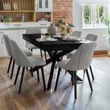 Amelia Black Wooden Dining Table Set - 6 Freya Fossil Twill Dining Chairs with Black Legs - Laura James 
