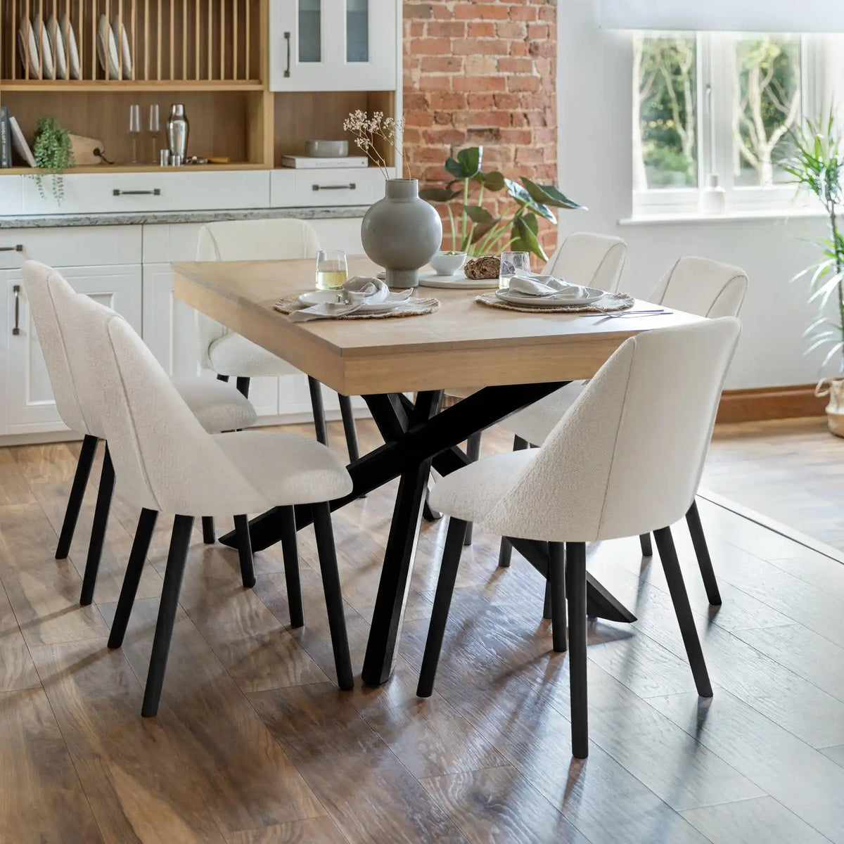Amelia Whitewash Wooden Dining Table Set - 6 Freya Boucle Dining Chairs ...