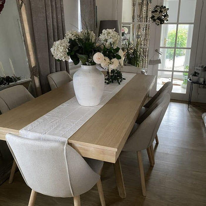 Amelia Whitewash Extendable Dining Table Set - 6 Seater - Freya Oatmeal Dining Chairs With Oak Legs - Laura James