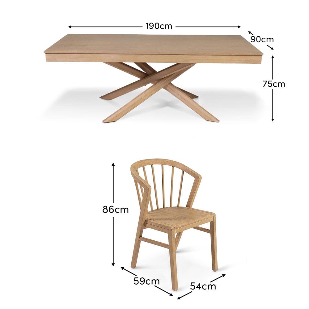 Amelia Whitewash Dining Table Set - 6 Seater - Light Oak Spindle Back Chairs