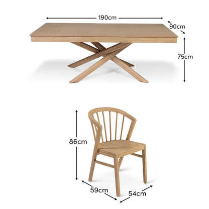 Amelia Whitewash Dining Table Set - 6 Seater - Light Oak Spindle Back Chairs