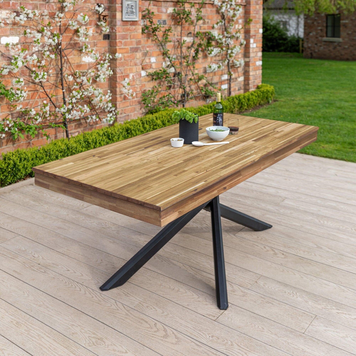 Amelia 8 Seater Wooden Garden Dining Set with 8 Hali Green Chairs - White Acacia with Black Legs