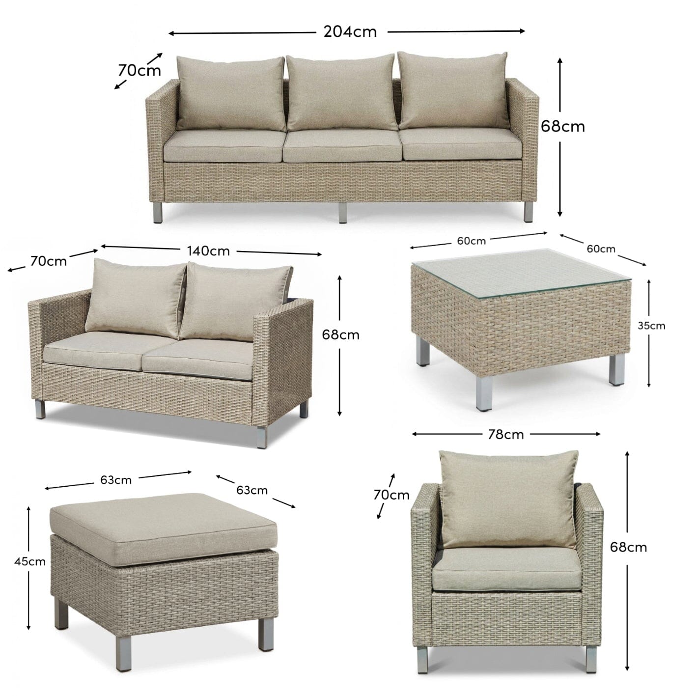 Aria 7 Seater Rattan Garden Sofa Set with Footstool & Coffee Table - Light Grey - Laura James 