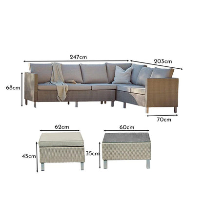 Aria extended garden corner sofa with footstool and coffee table - light grey - Laura James