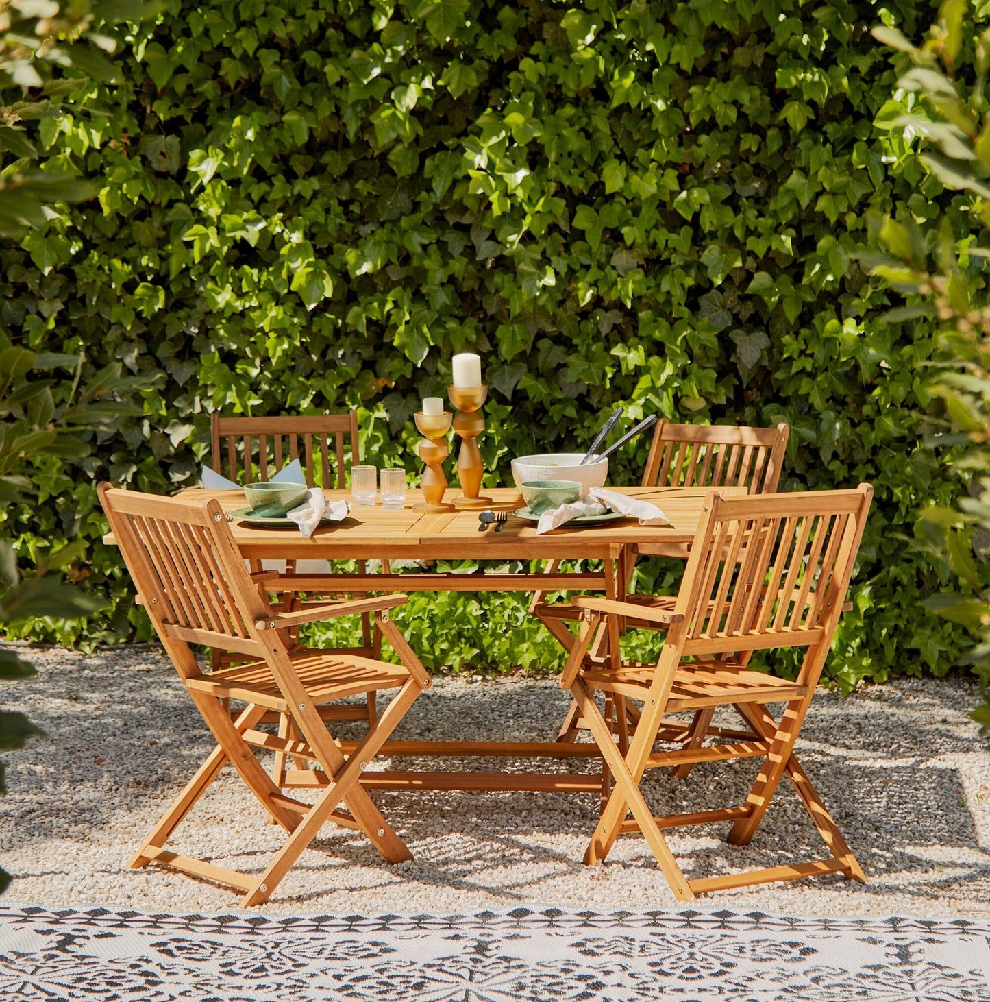 Ashby Outdoor 4 Seater Wooden Rectangular Armchair Dining Set with Cream LED Premium Parasol - 120cm - Laura James
