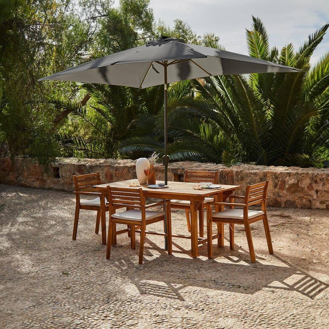 Aspen 4 Seater Wooden Extendable Garden Dining Set with Cushions Grey LED Premium Parasol