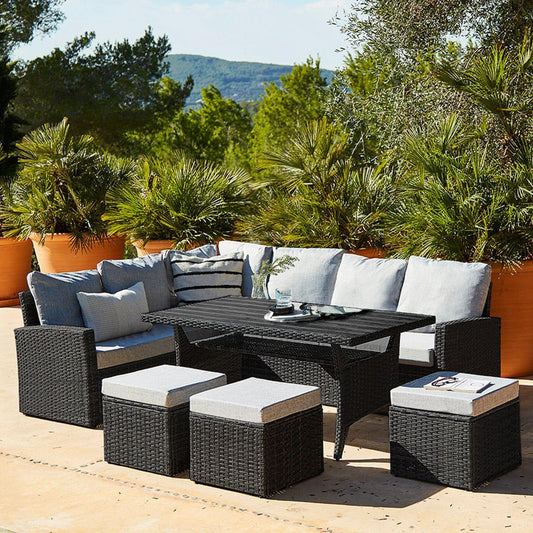 Aston Outdoor Sofa Dining Set - 9 Seater - Black -  Polywood Table Top