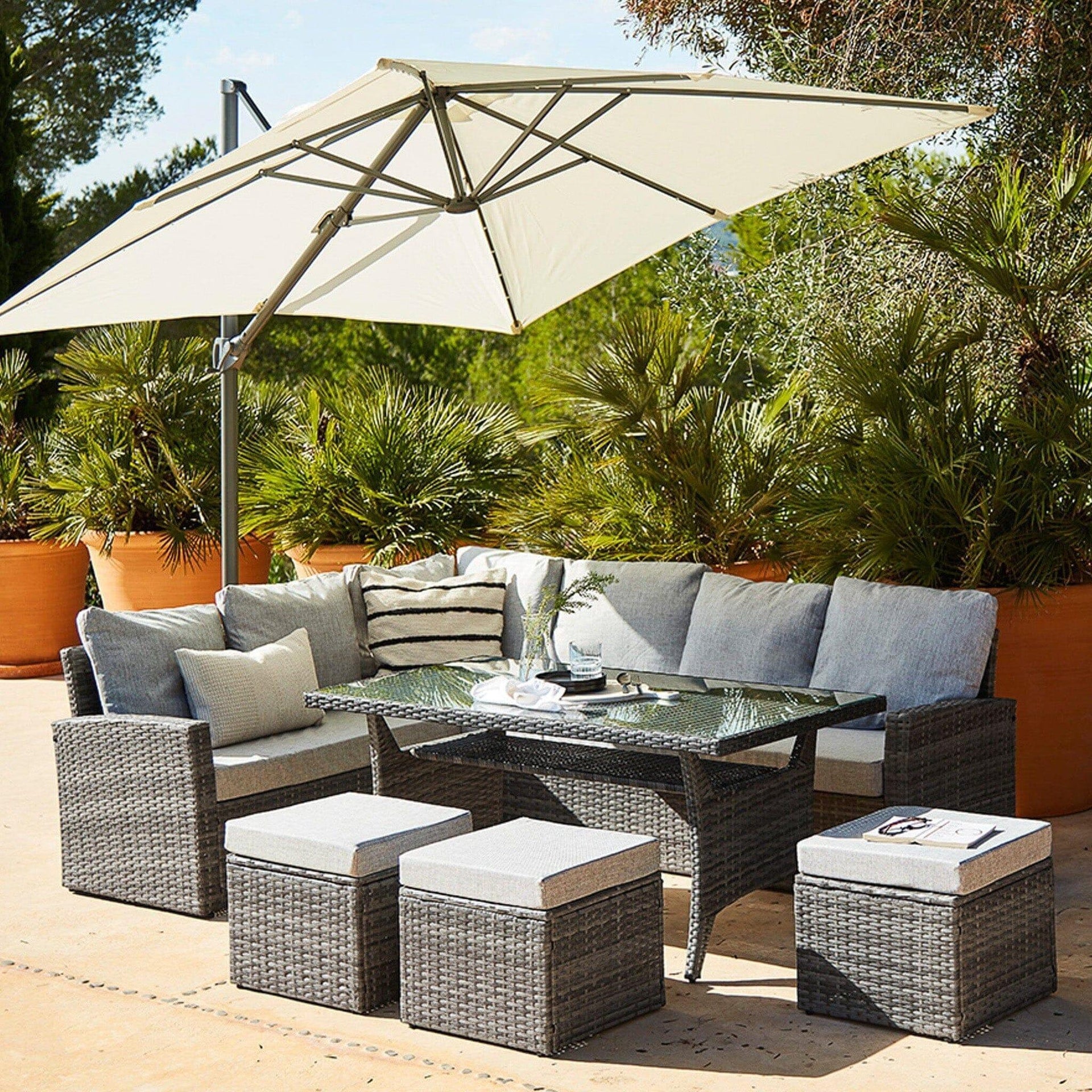 Aston 9 Seater Rattan Corner Sofa Set Cream LED Premium Cantilever Parasol