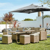 Aston 9 Seater Rattan Corner Sofa Set with Grey LED Premium Parasol with Glass Table Top - Natural Brown - Laura James 