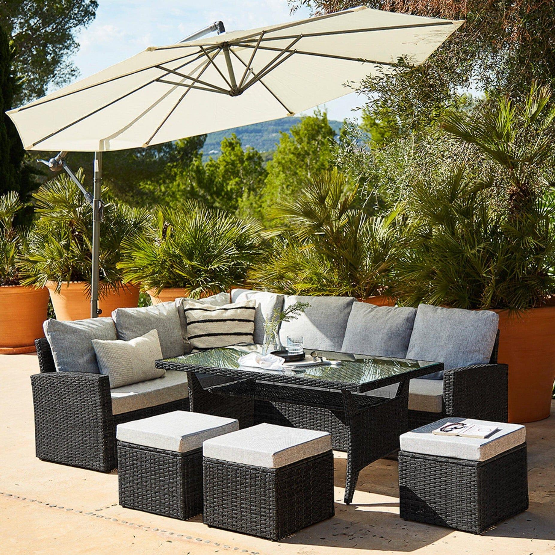 Aston 9 Seater Rattan Garden Corner Sofa Set Cream Lean Over Parasol Weave
