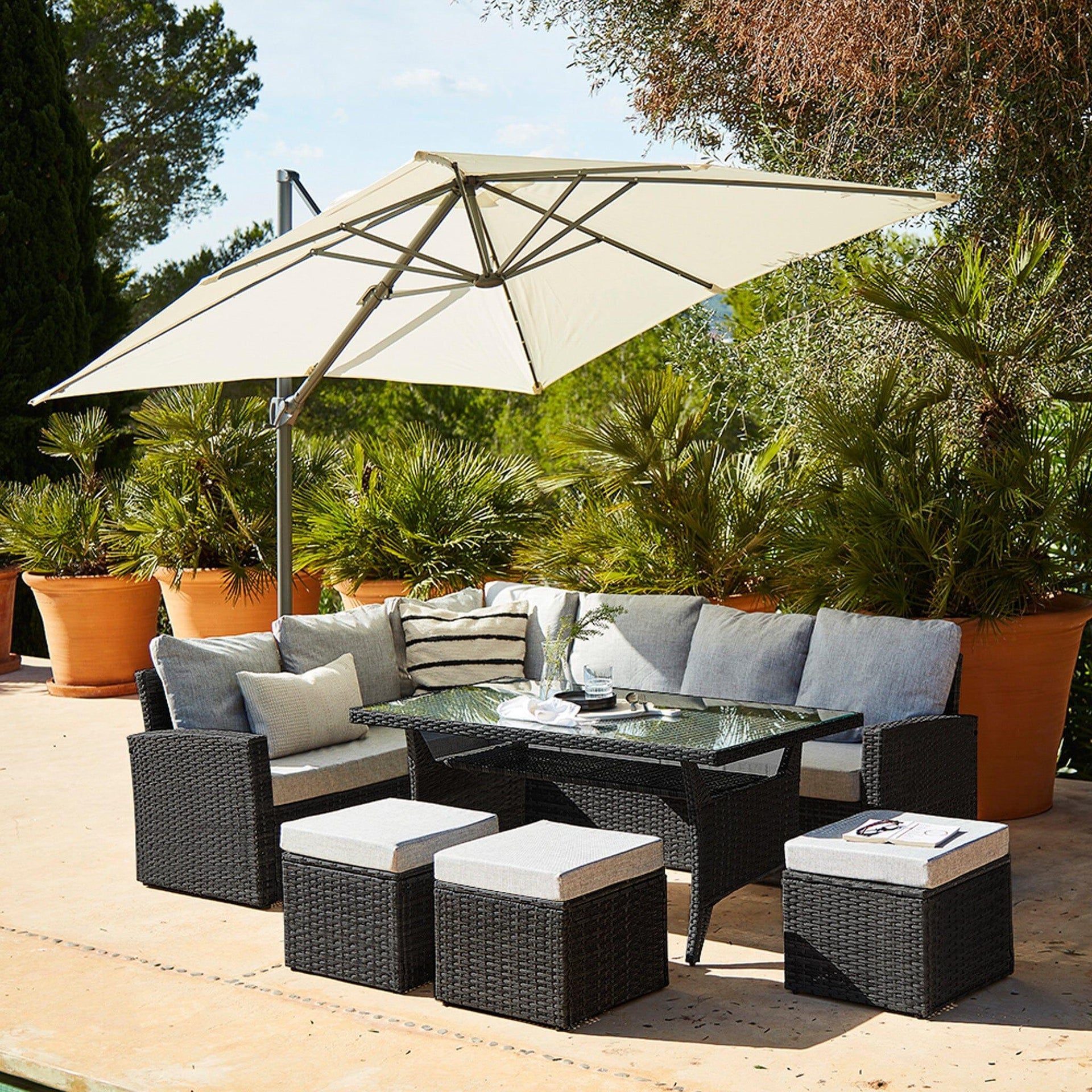 Aston 9 Seater Rattan Garden Corner Sofa Set Cream LED Premium Cantilever Parasol Weave