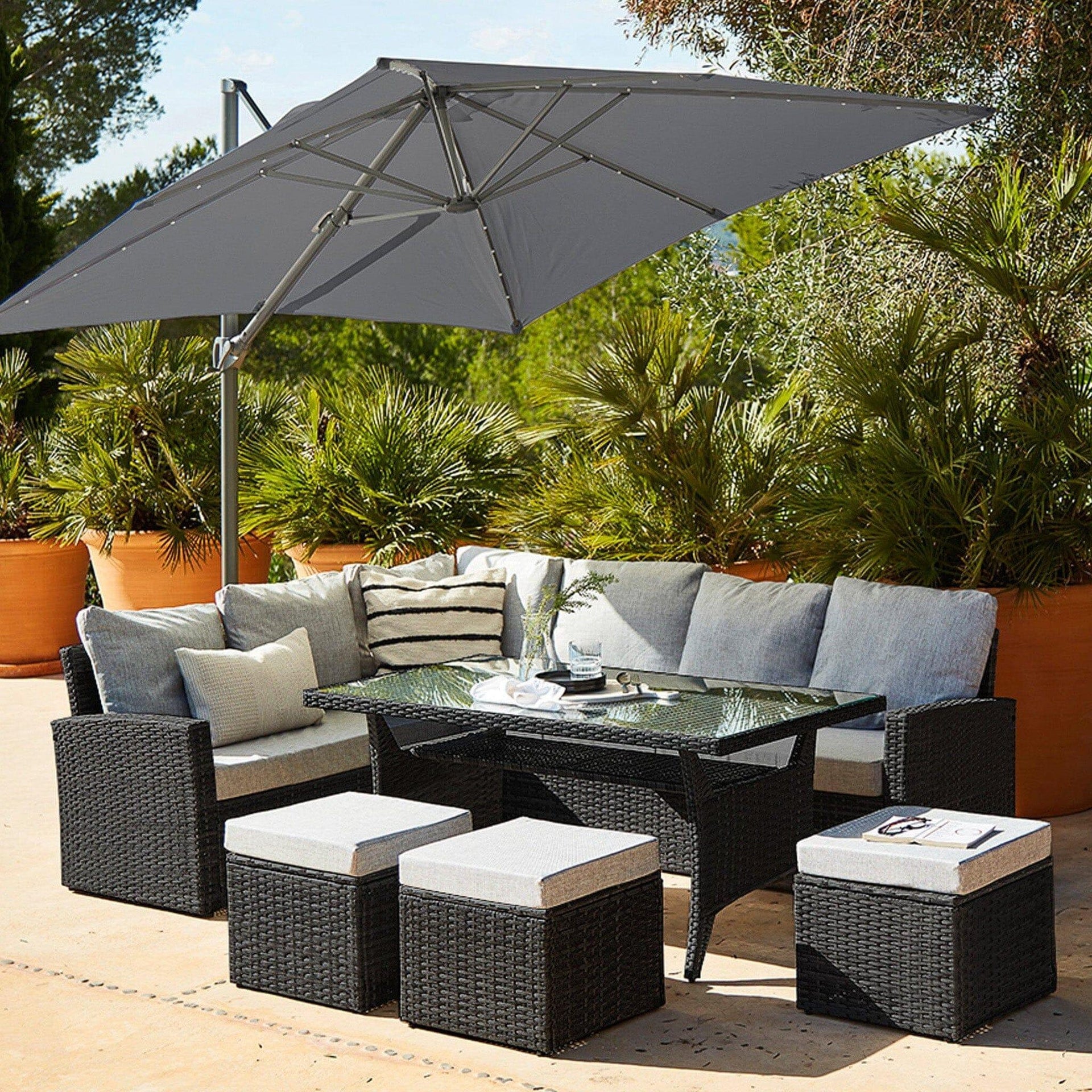 Aston 9 Seater Rattan Garden Corner Sofa Set Grey LED Premium Cantilever Parasol Weave