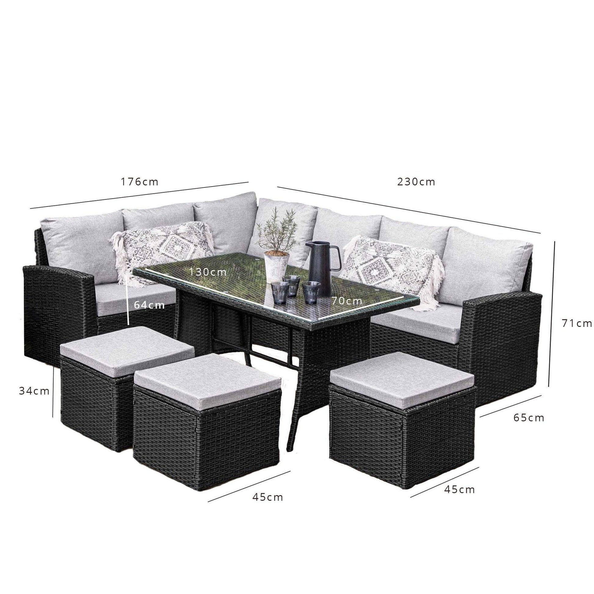 Aston Rattan Outdoor Corner Sofa Set with Cream LED Cantilever Parasol - 9 Seater - Black Polywood Top - Laura James
