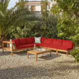 Dakota 8 Seater Wooden Corner Sofa Set - Natural Acacia with Red Cushions - Laura James