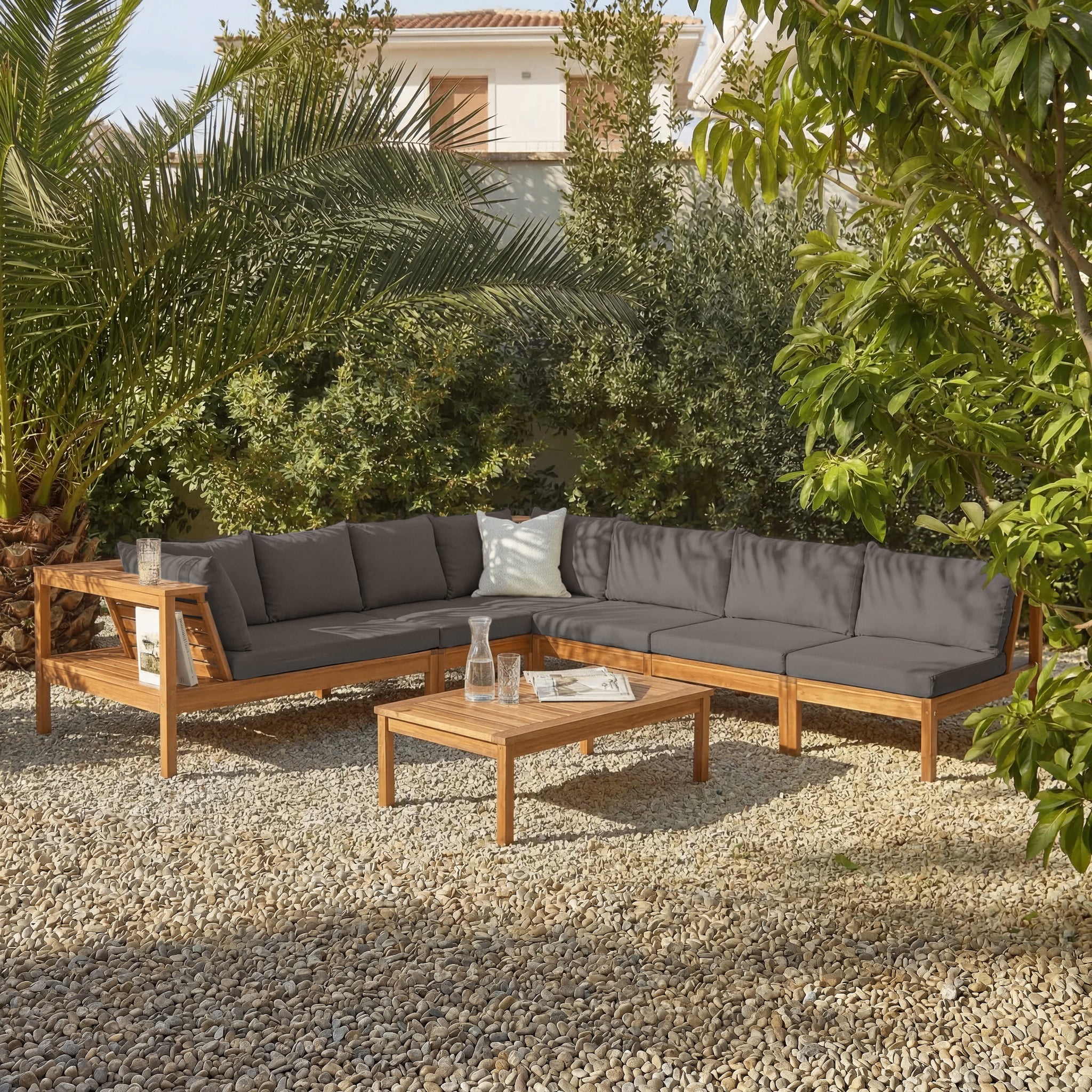 Dakota 7 Seater Wooden Corner Sofa Set - Natural Acacia with Grey